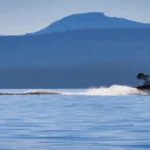 A boat pulls a water skier across a lake, with a mountain range in the background.